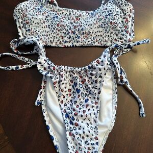Blue and Red Bandeau Bikini with Adjustable Ties